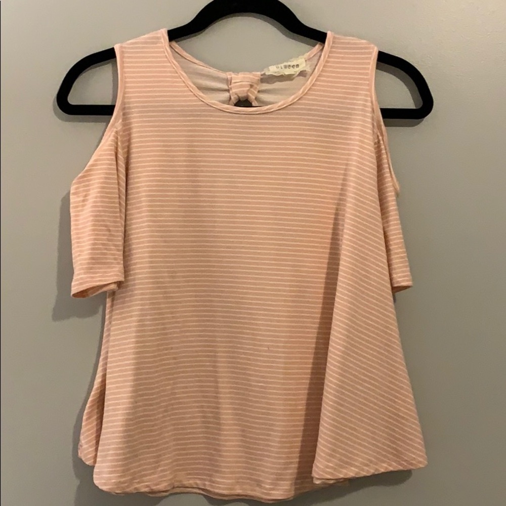 open shoulder pink blouse